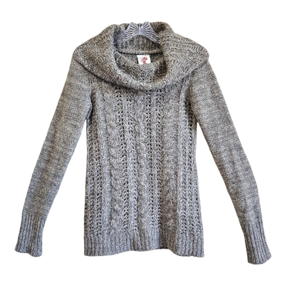 LIVE LOVE Women's S Sweater Alpaca Wool Blend Cable Knit Funnel Neck Beige 34"